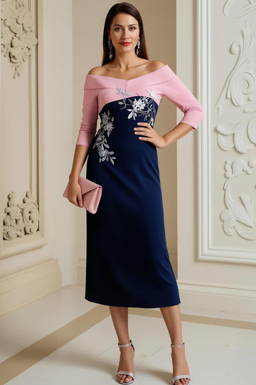 Navy Pink Off The Shoulder Appliqued Sheath Midi Mother Of The Bride Dress